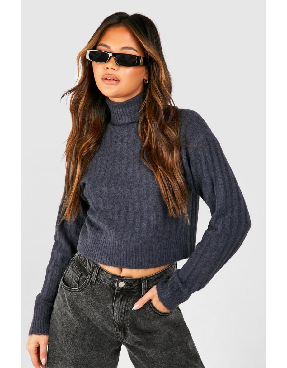 Soft Rib Knit Roll Neck Crop Jumper - charcoal