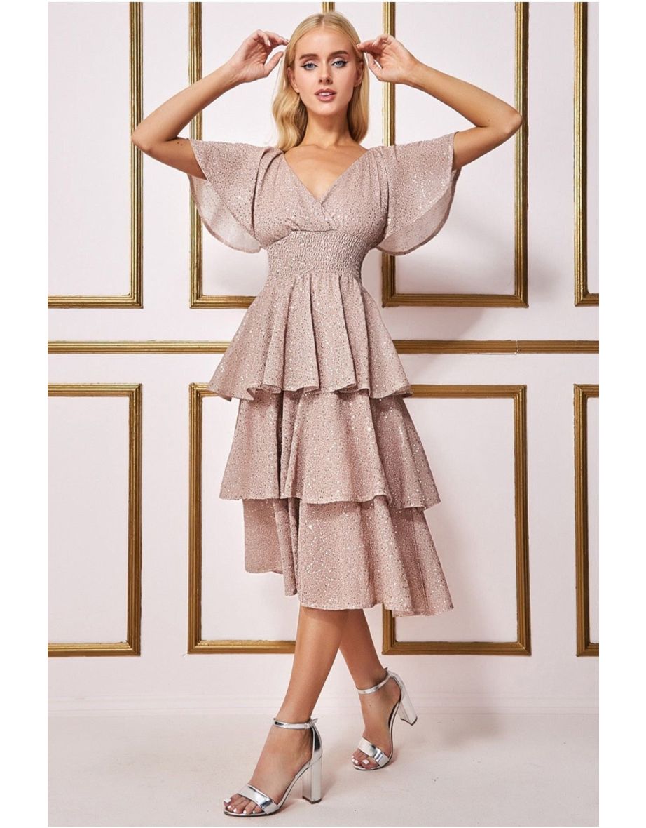 Goddiva Sequin Lurex Tiered Midi Dress - Champagne