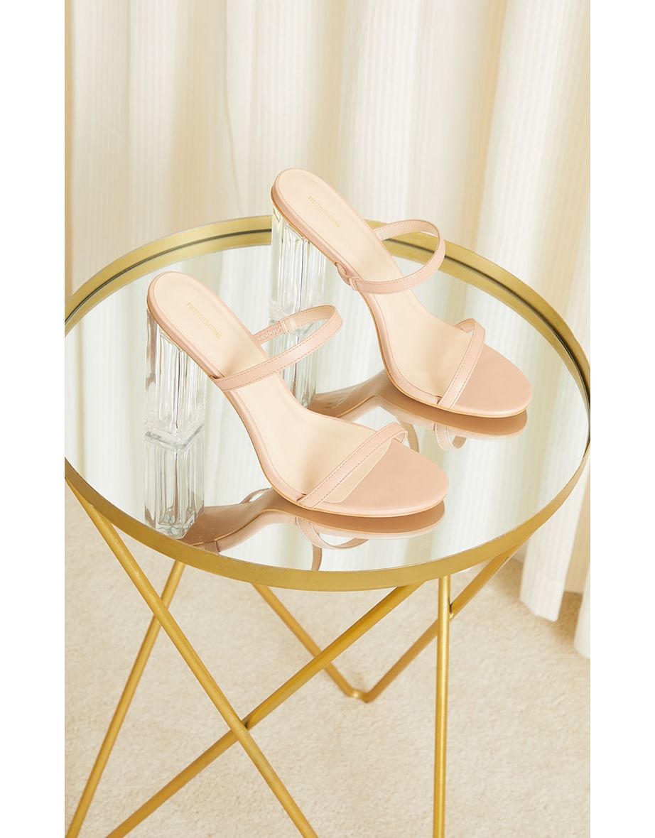 Nude WIDE FIT PU Patent Double Strap Clear Block High Heels - 3