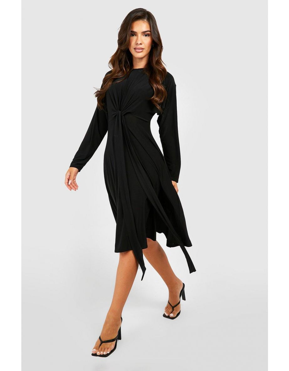 Slinky Wrap Midi Skater Dress - black - 3