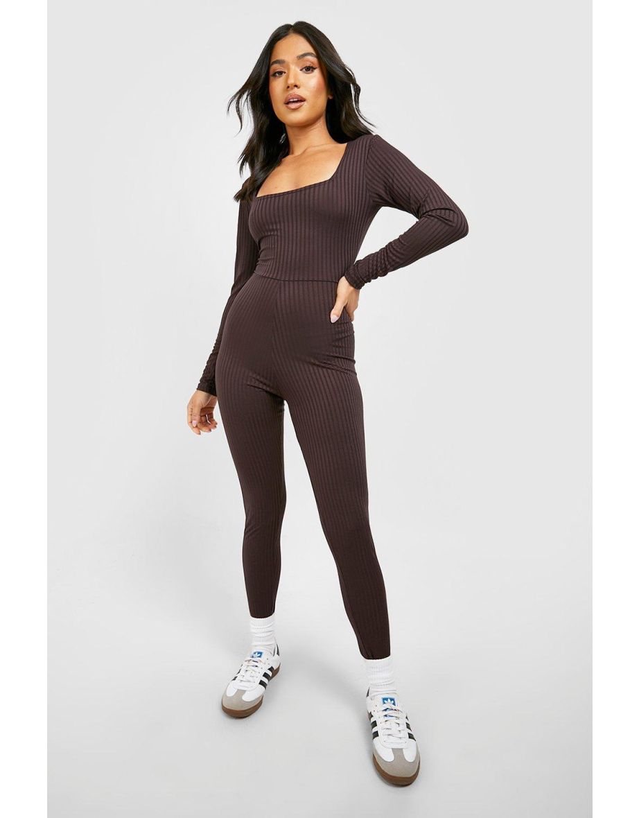 Petite Basic Square Neck Jumbo Rib Jumpsuit - chocolate