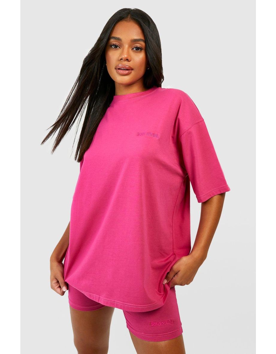 Oversized T-shirt And Cycling Short Set - hot pink