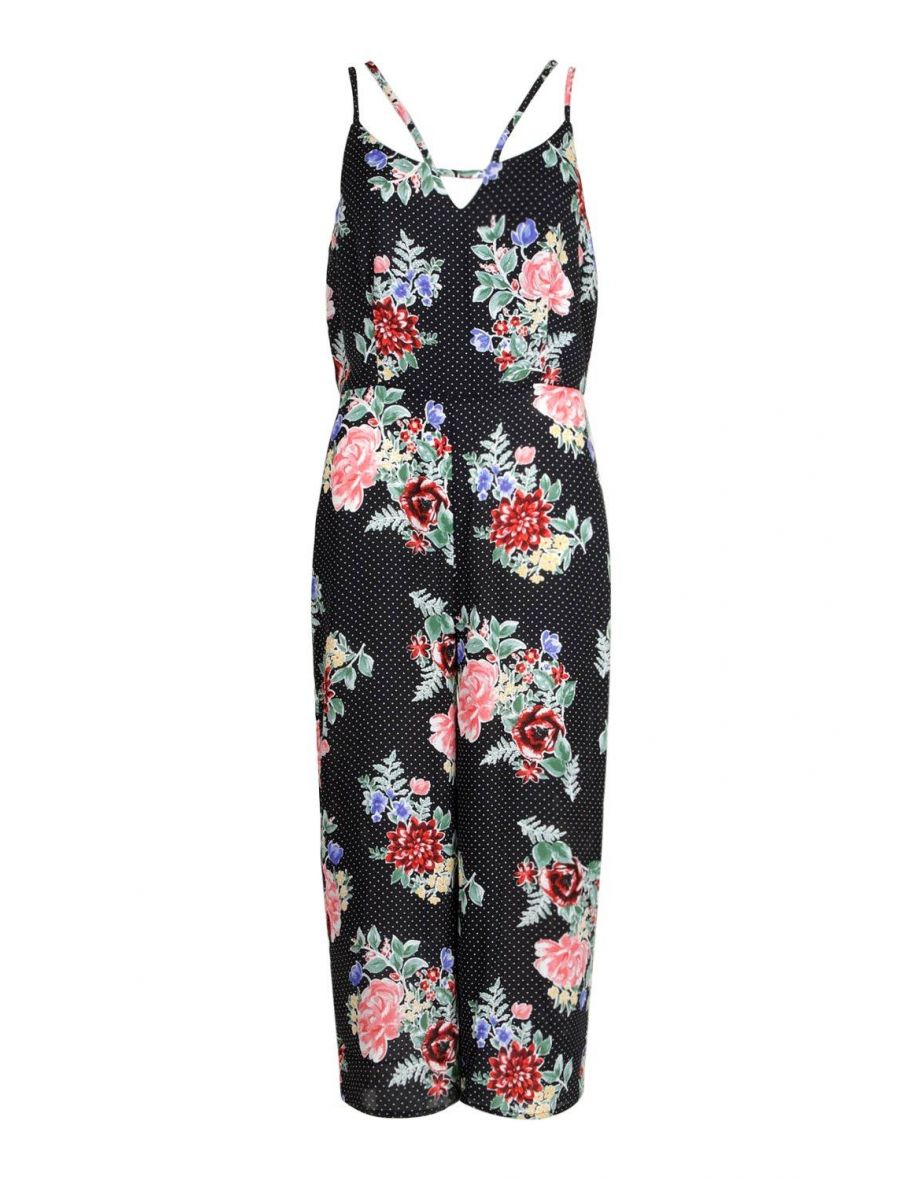 Floral Polka Dot Strappy Culotte Jumpsuit - black - 3