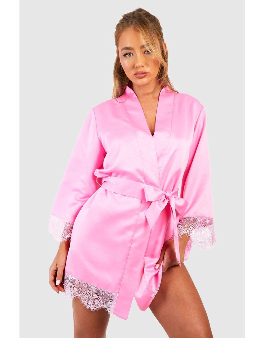 Valentine's Satin Lace Trim Robe - pink
