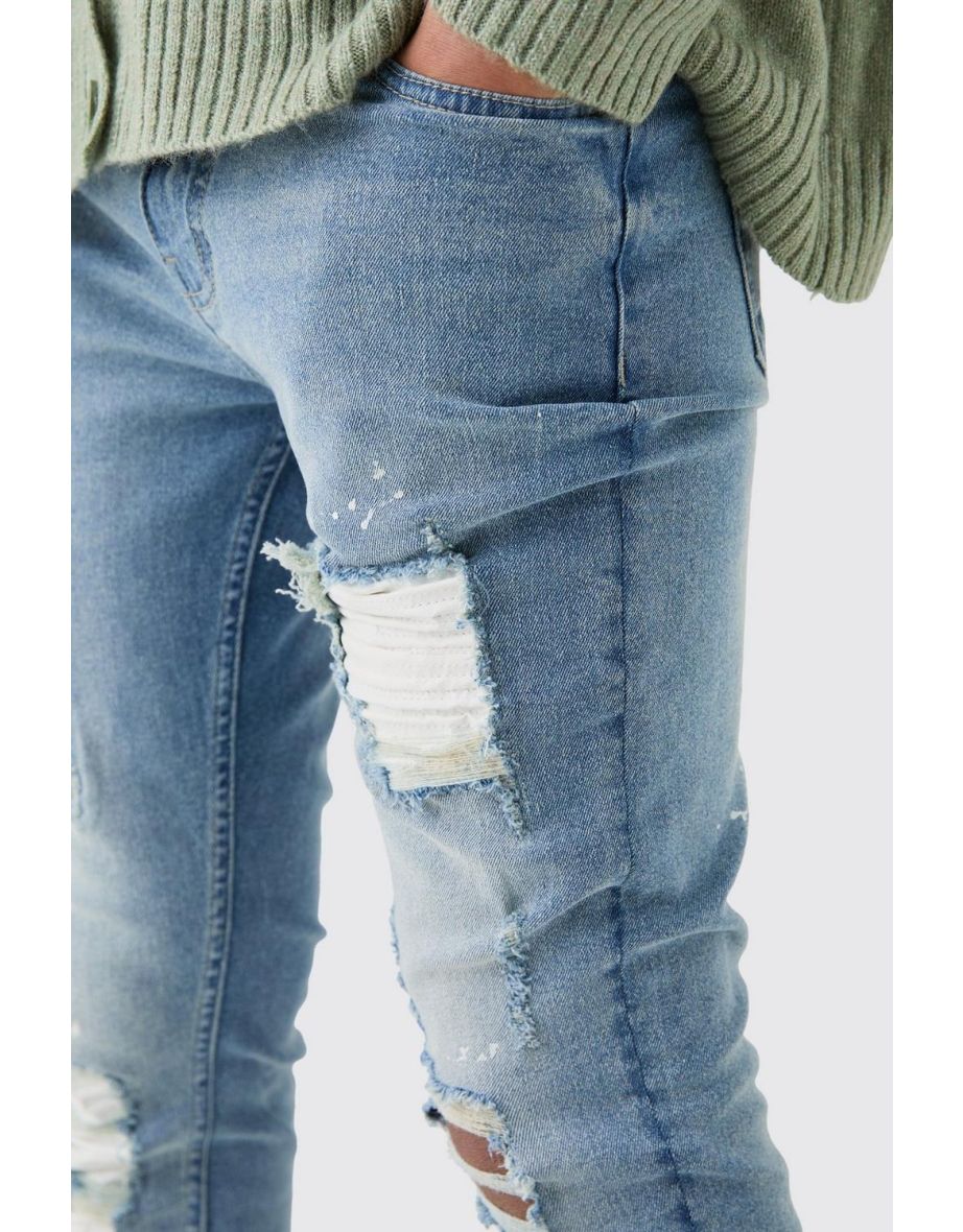 Skinny Stretch Stacked White Pu Biker Rip & Repair Jeans - antique blue - 2
