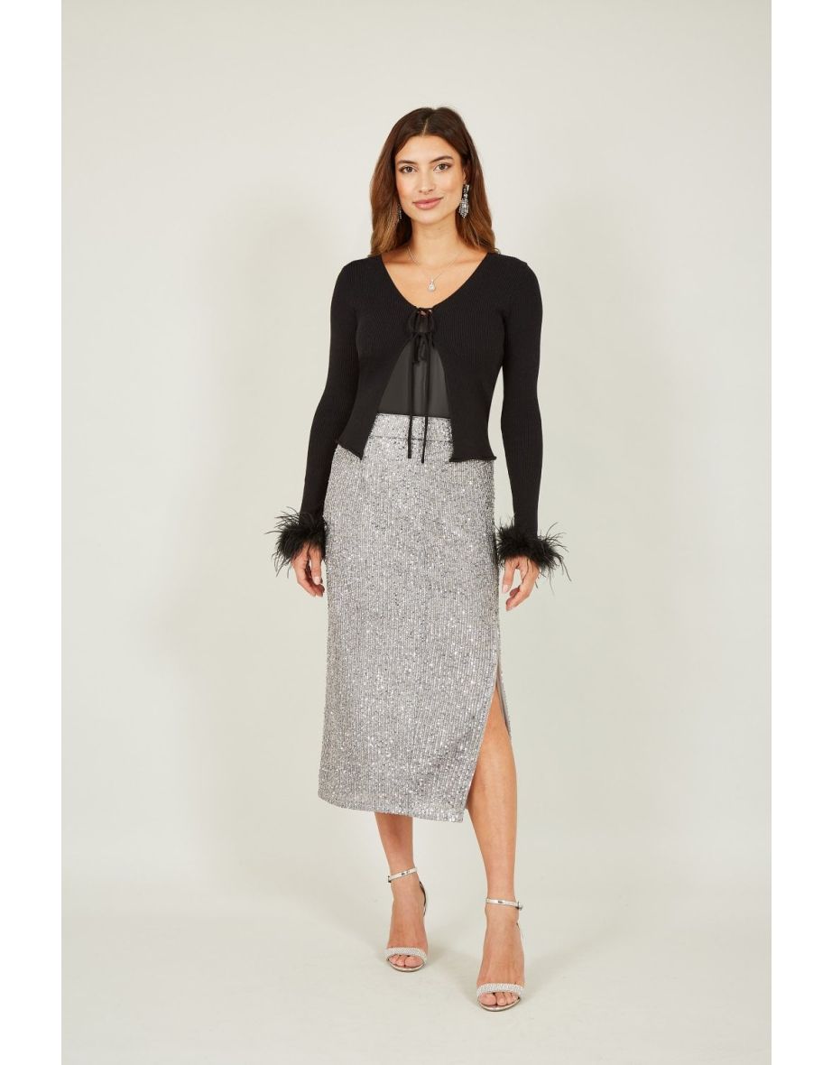 Yumi Black Ribbed Bolero With Feather Cuffs