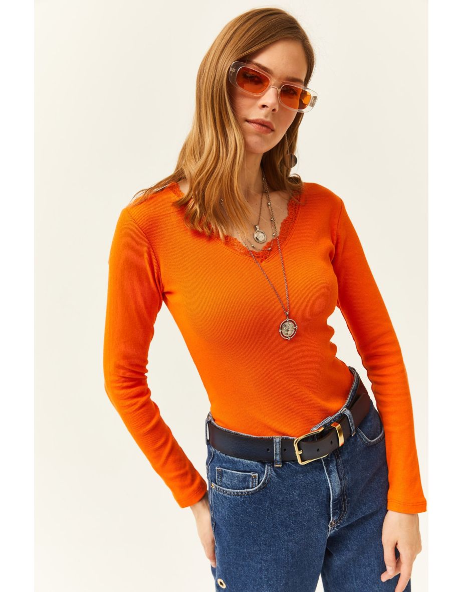 Women's Orange Collar Lace V-Neck Camisole Knitted Blouse - 4