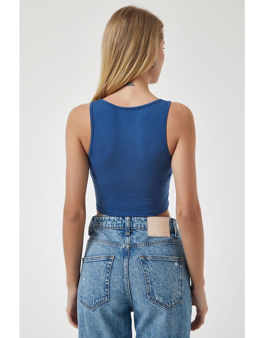 Women's Indigo Blue Strappy Crop Knitted Blouse - 4