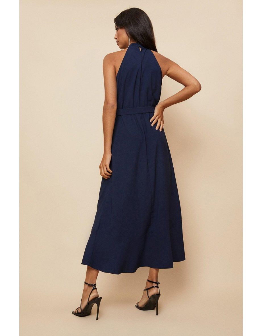 Navy Satin High Neck Ruffle Midi Dress - 2