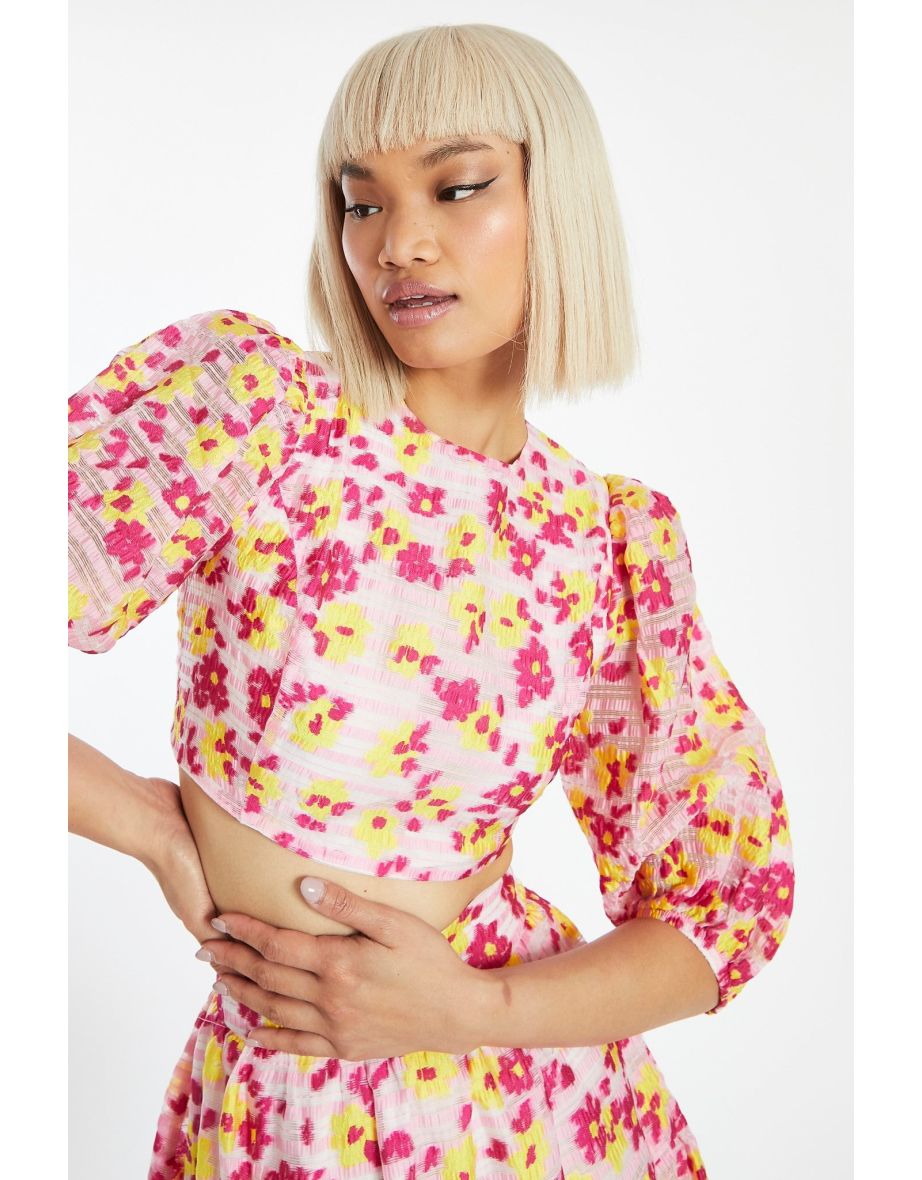 Pink-Yellow Organza Lace-Up Back Puff Sleeve Crop-Top - 3