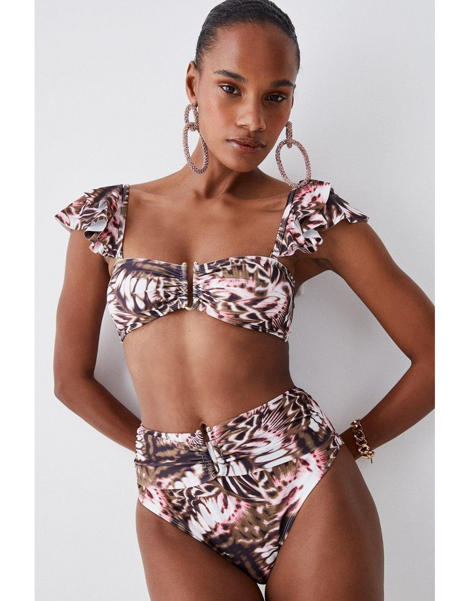 Butterfly Print Gold Trim Belted Bikini Bottoms - 2