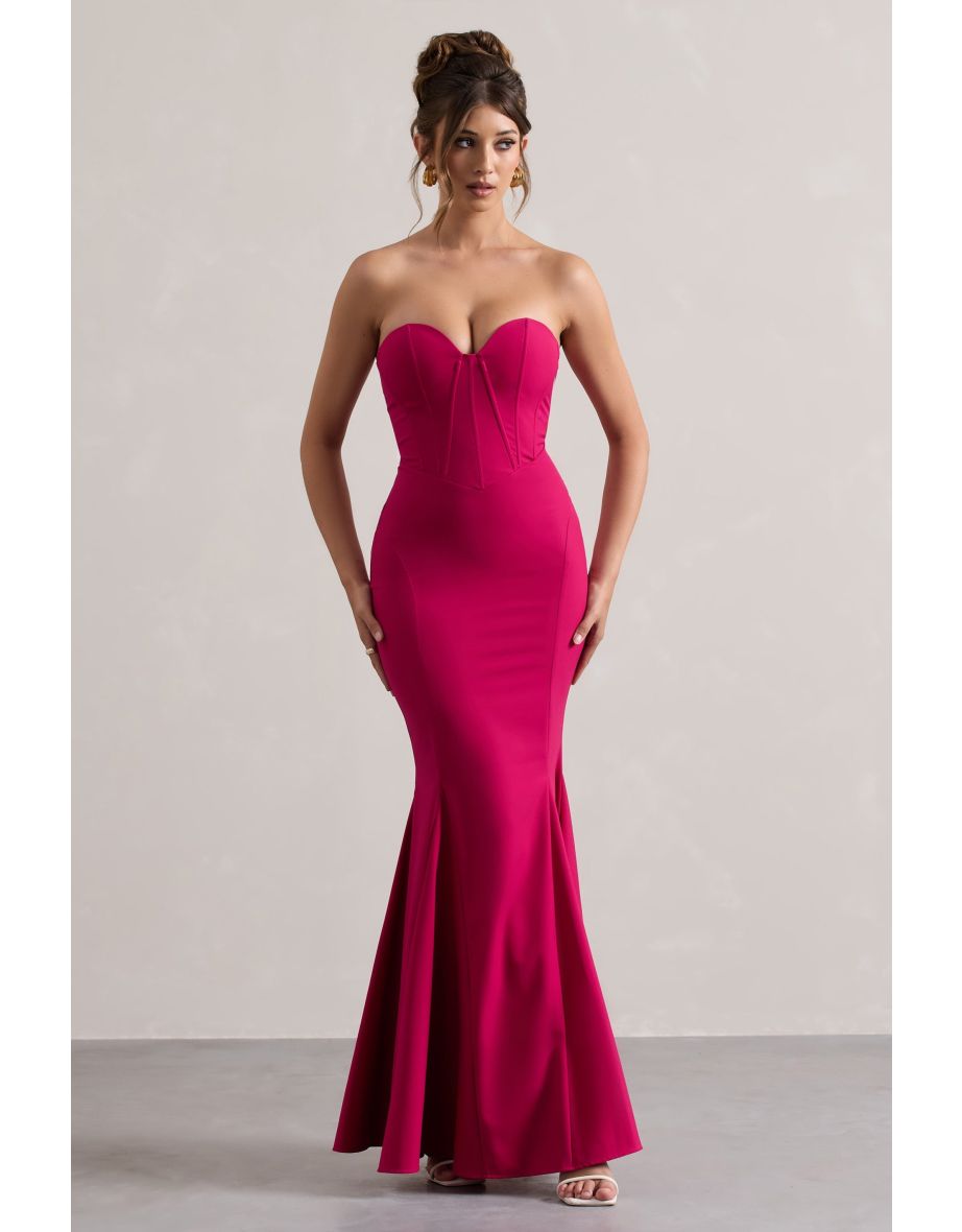 Idyllic | Hot Pink Strapless Corset Style Fishtail Maxi Dress