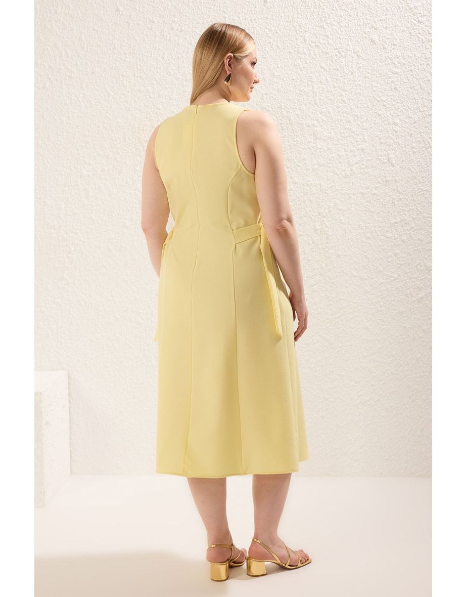 Light Yellow Waist Adjustable Accessory Midi Length Woven Plus Size Dress - 7