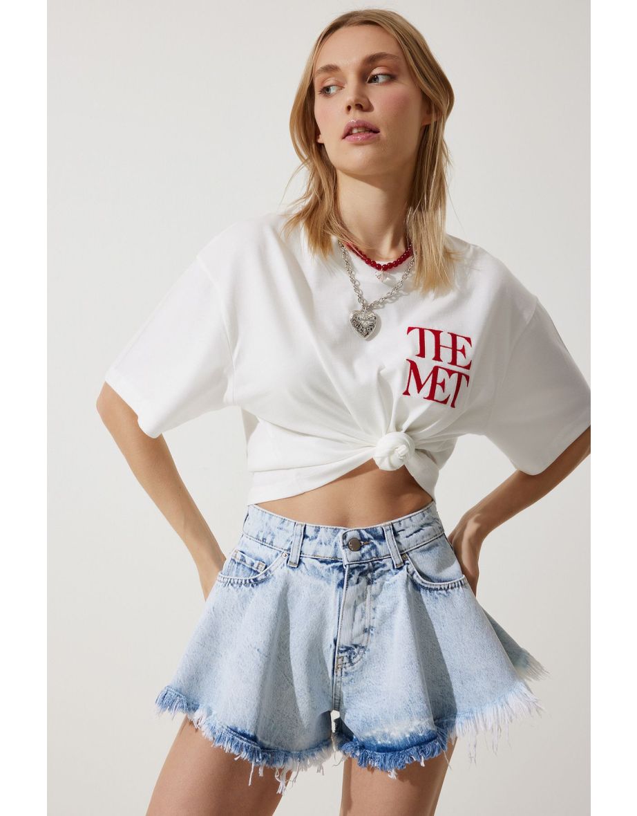 Women's Light Blue Tasseled Mini Denim Shorts - 3