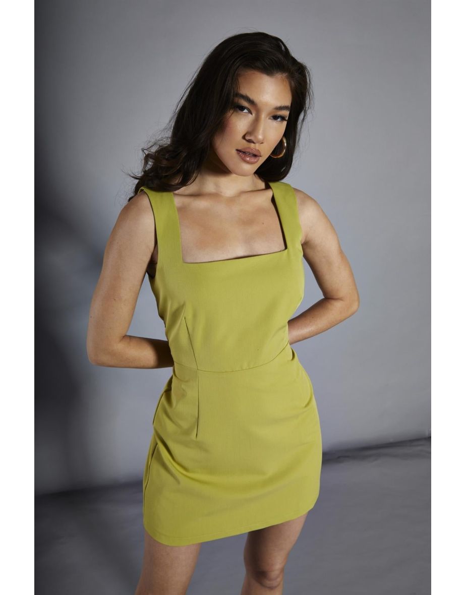 Chartreuse-Green Square-Neck Mini-Dress - 2