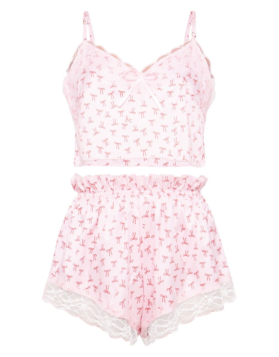 Pink Bow Print Cropped Lace Trim Satin Cami And Short Pj Set - 4