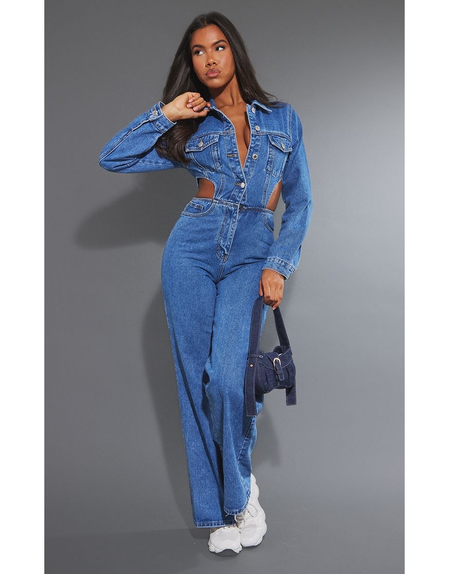 Shop Mid Blue Wash Cut Out Waist Denim Jumpsuit Online in Oman VogaCloset