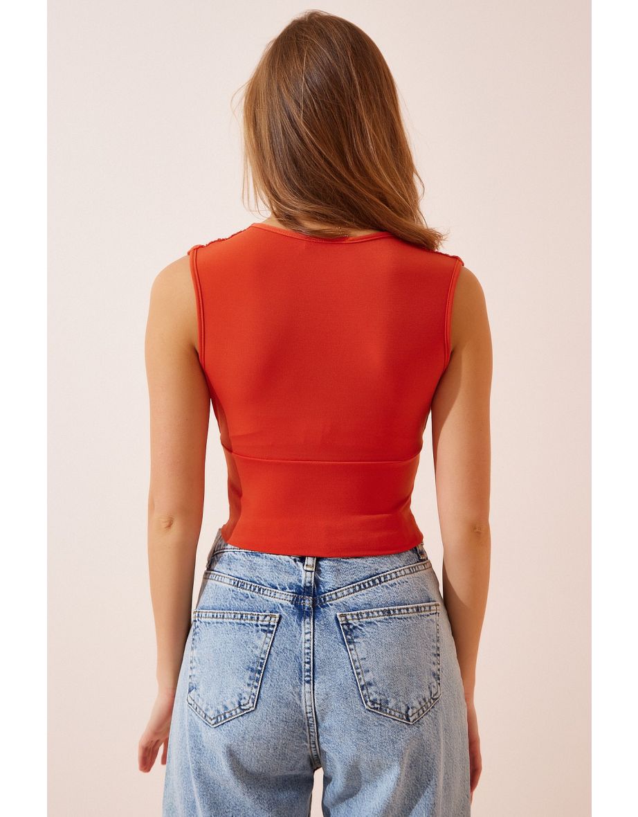 Women's Orange Deep V Neck Crop Sandy Knitted Blouse - 3
