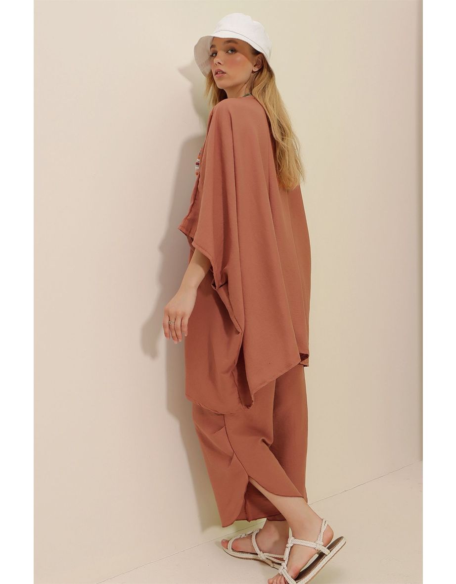 Women's Dusty Rose Leg Slit Self-Textured Trousers and Jacket Set - 3