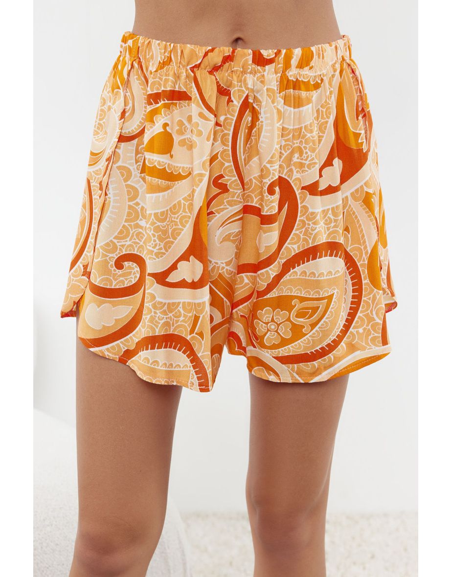 Orange Patterned Tie Detailed Viscose Shirt-Shorts Woven Pajama Set - 4