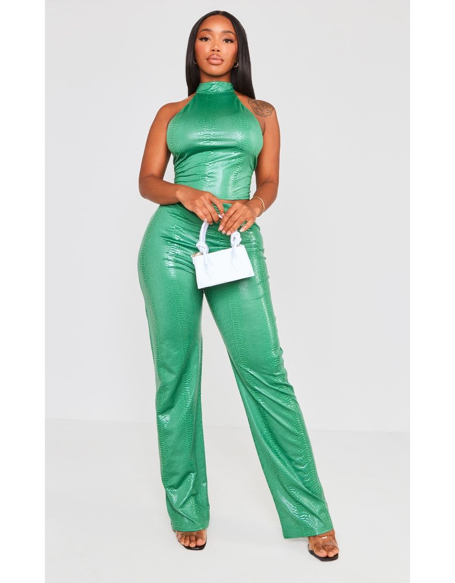 Shape Bright Green Coated Croc Flare Trousers