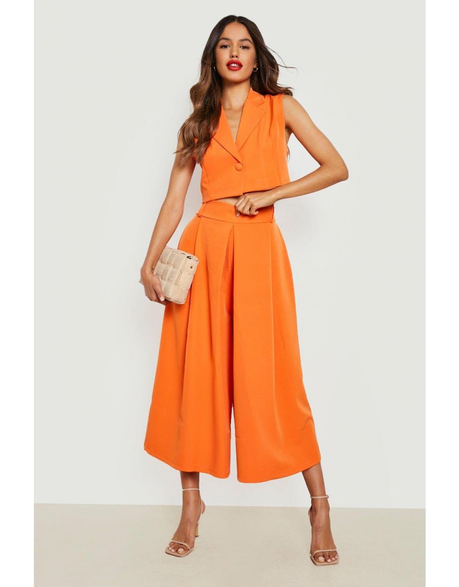 Pleat Front Wide Leg Tailored Culottes - orange - 3