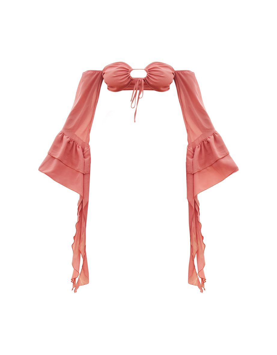 Peach Chiffon Bardot Tie Detail Long Sleeve Crop Top - 4