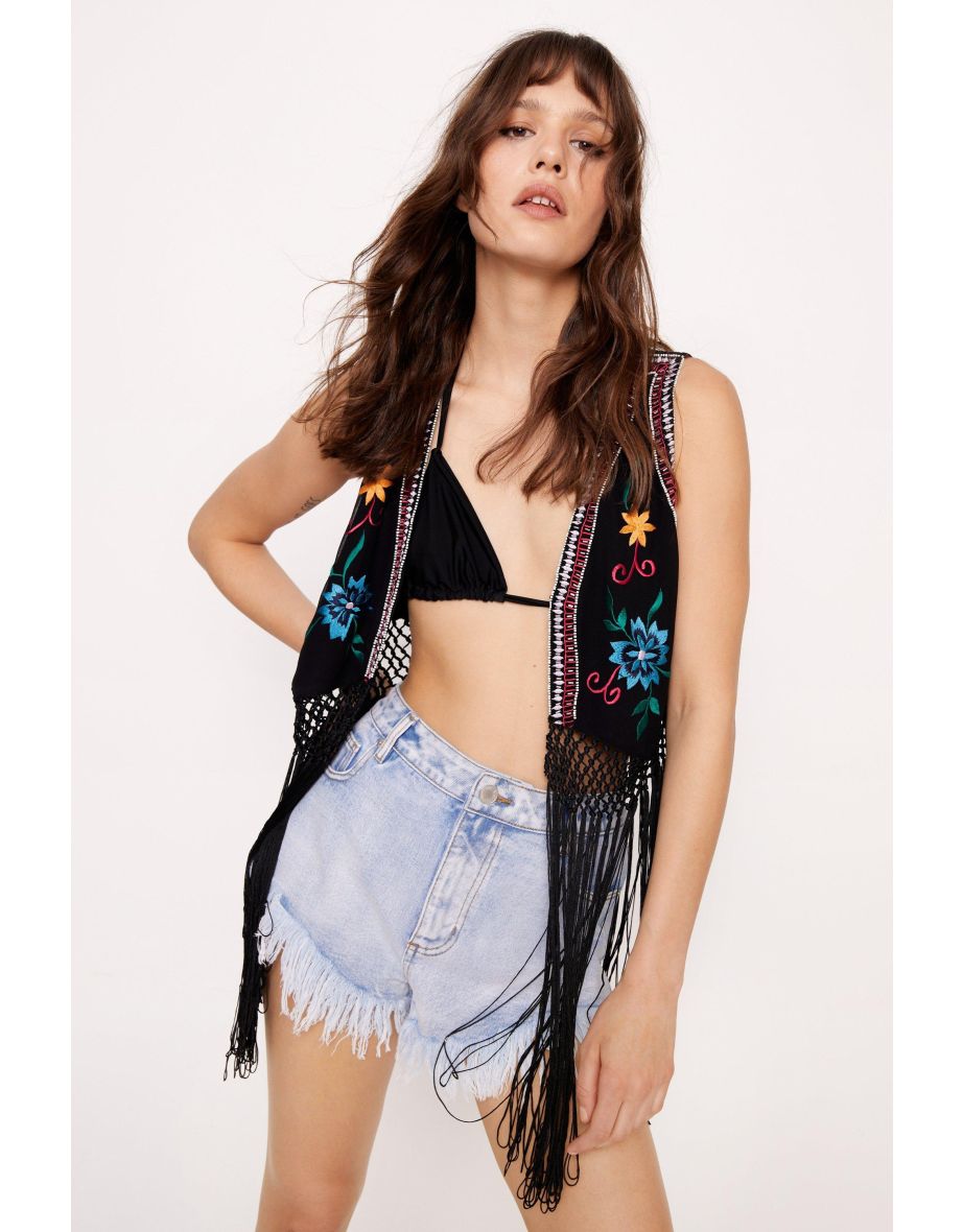 Floral Embroidered Fringe Vest