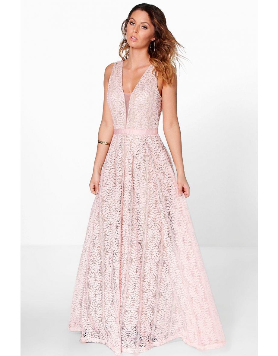 Boutique Ali All Lace Plunge Neck Maxi Dress - pink