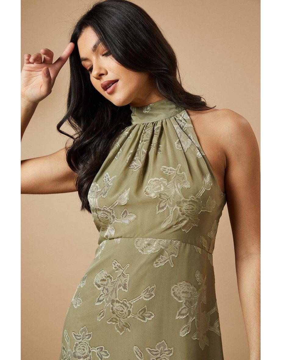 Plain Satin Burnout Halterneck Midi Dress - 3