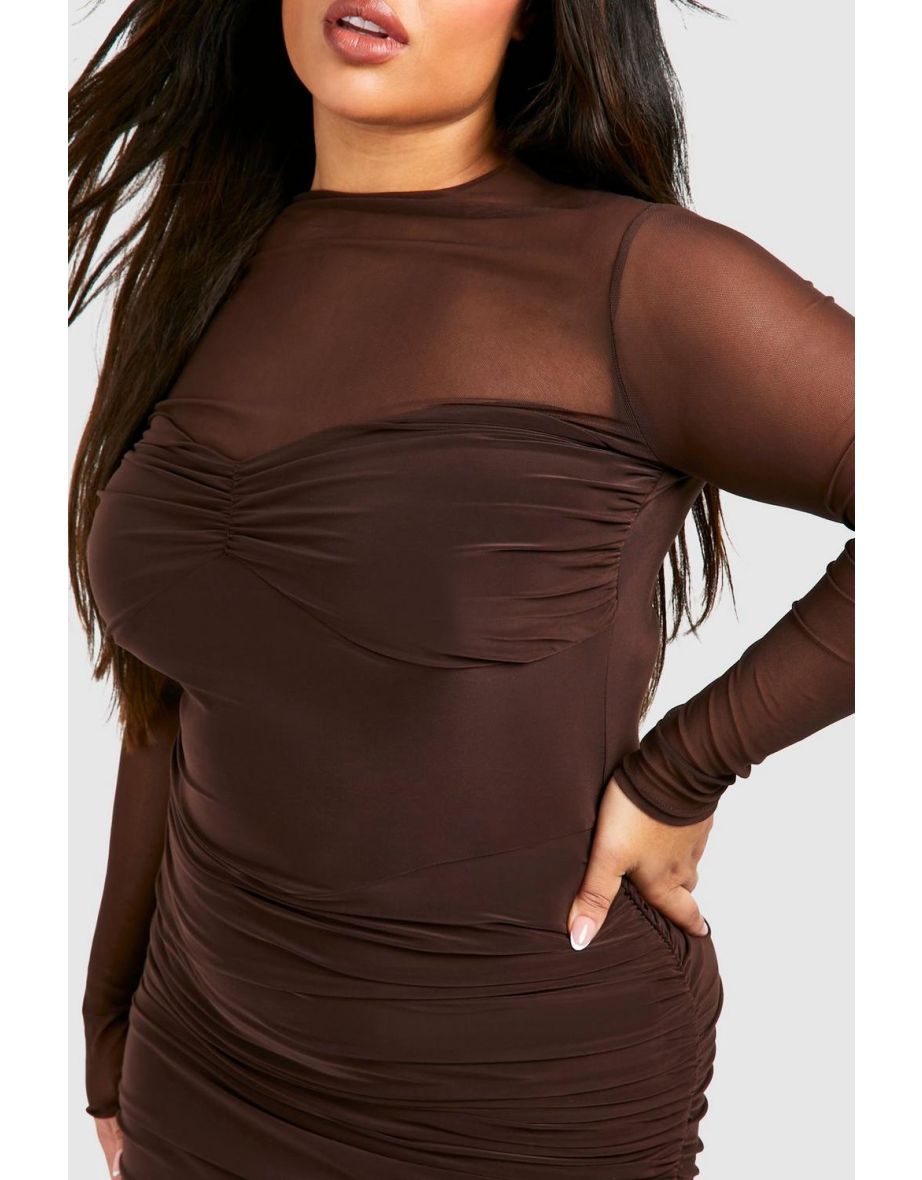 Plus Ruched Slinky Bodycon Dress - chocolate - 3