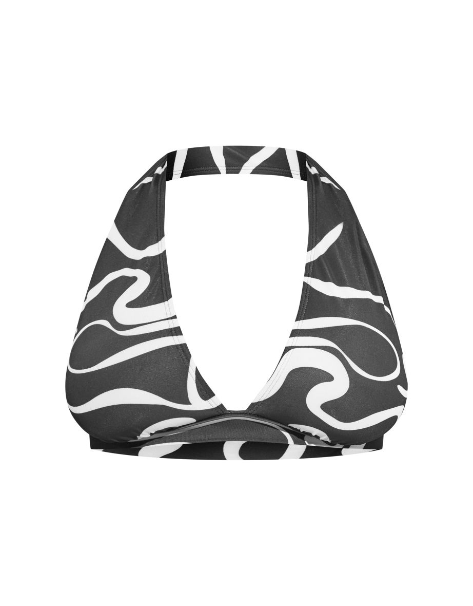Black Leaf Print Halterneck Upside Down Bikini Top - 3