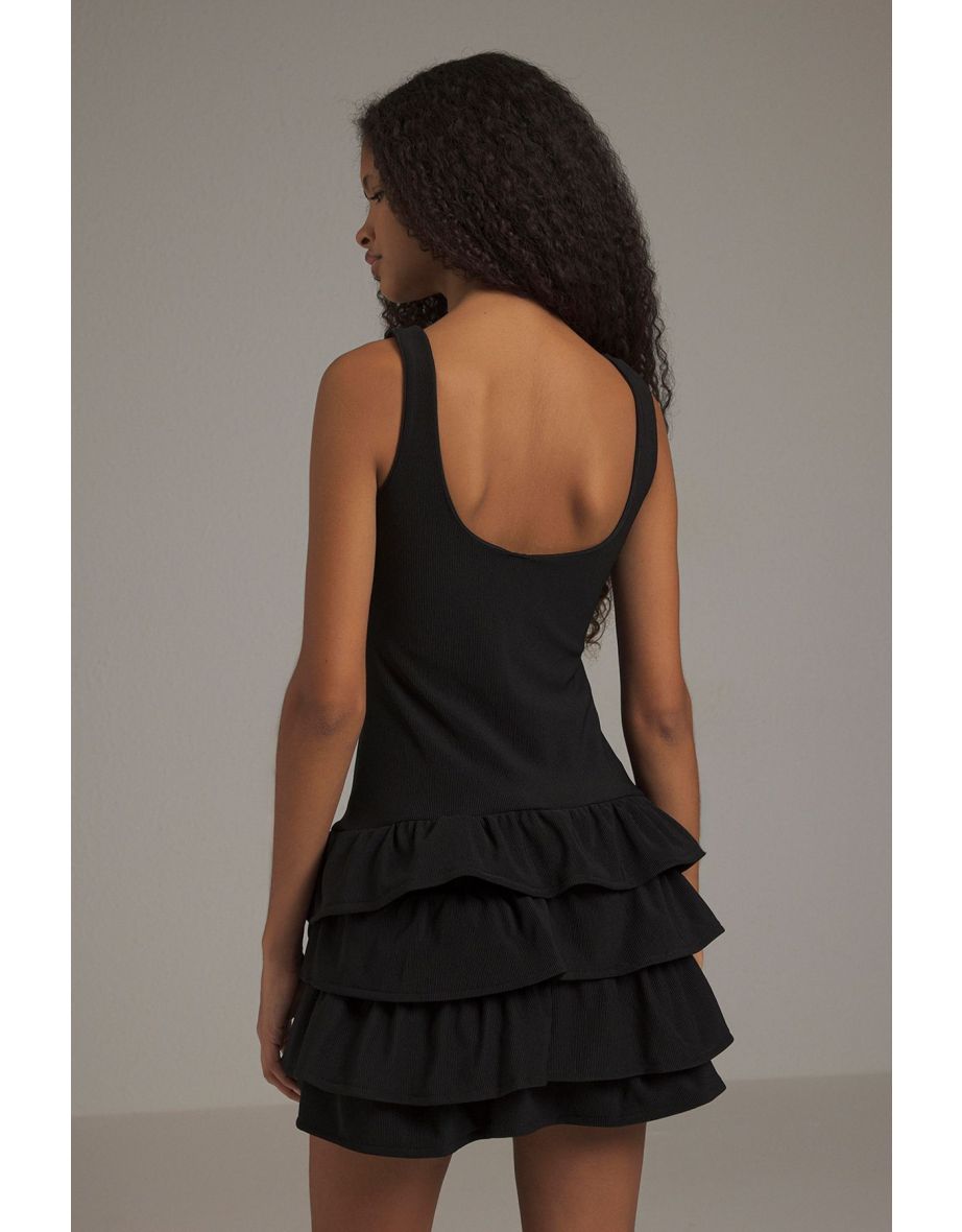 Black Plain Flounce / Ruffle Mini Stretch Knit Dress - 3