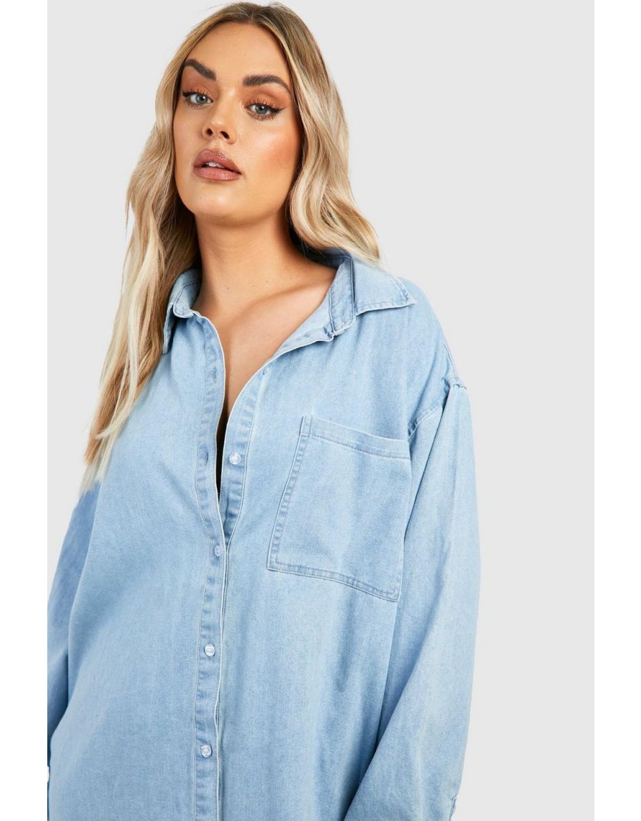 Plus Distressed Denim Shirt Dress - light wash - 3