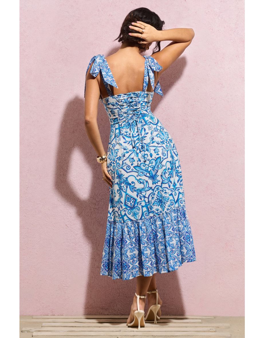 Meredith | Blue Porcelain Print Strappy Split Dress - 2