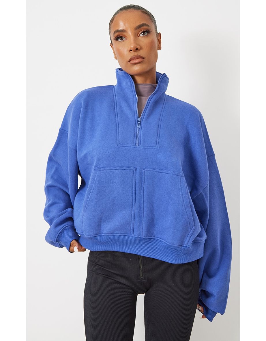 Blue Half Zip Double Pocket Seam Detail Sweat