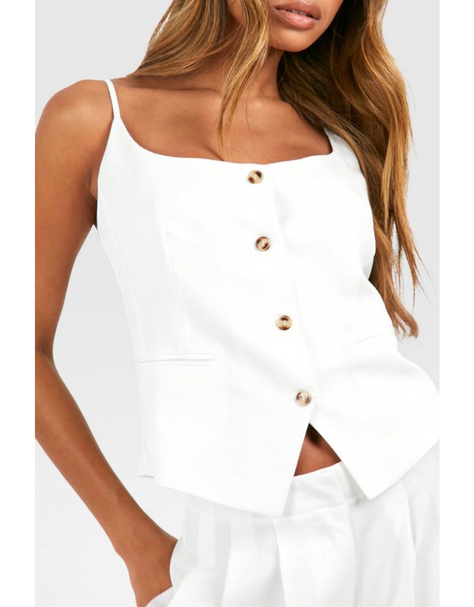 Linen Look Contrast Button Waistcoat - ivory - 3