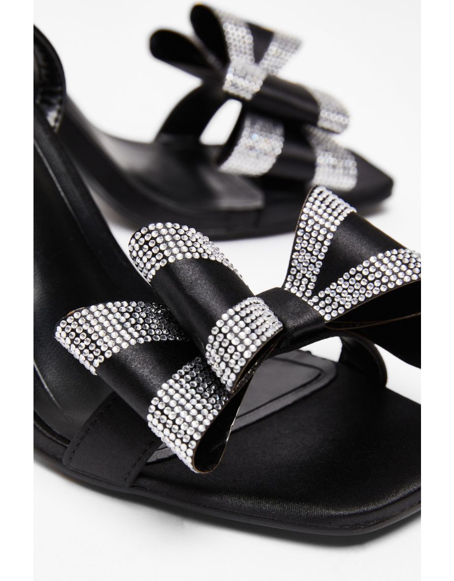 Black Diamante Bow Heeled Sandals - 4