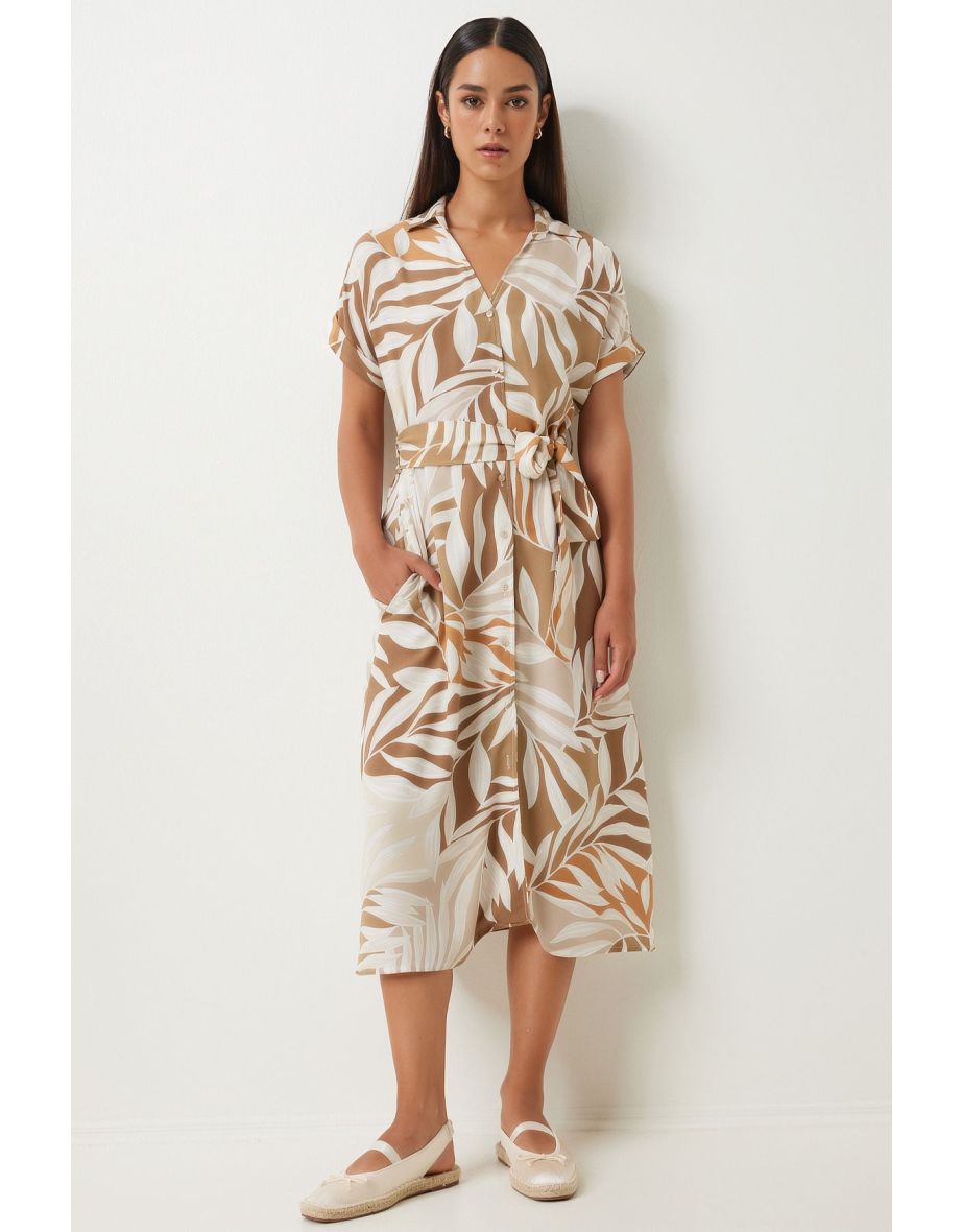 Women's Biscuit Cream Patterned Belted Viscose Shirt Dress