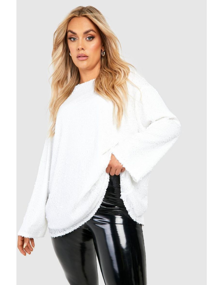 Plus Sequin Long Sleeve Open Back Top - white
