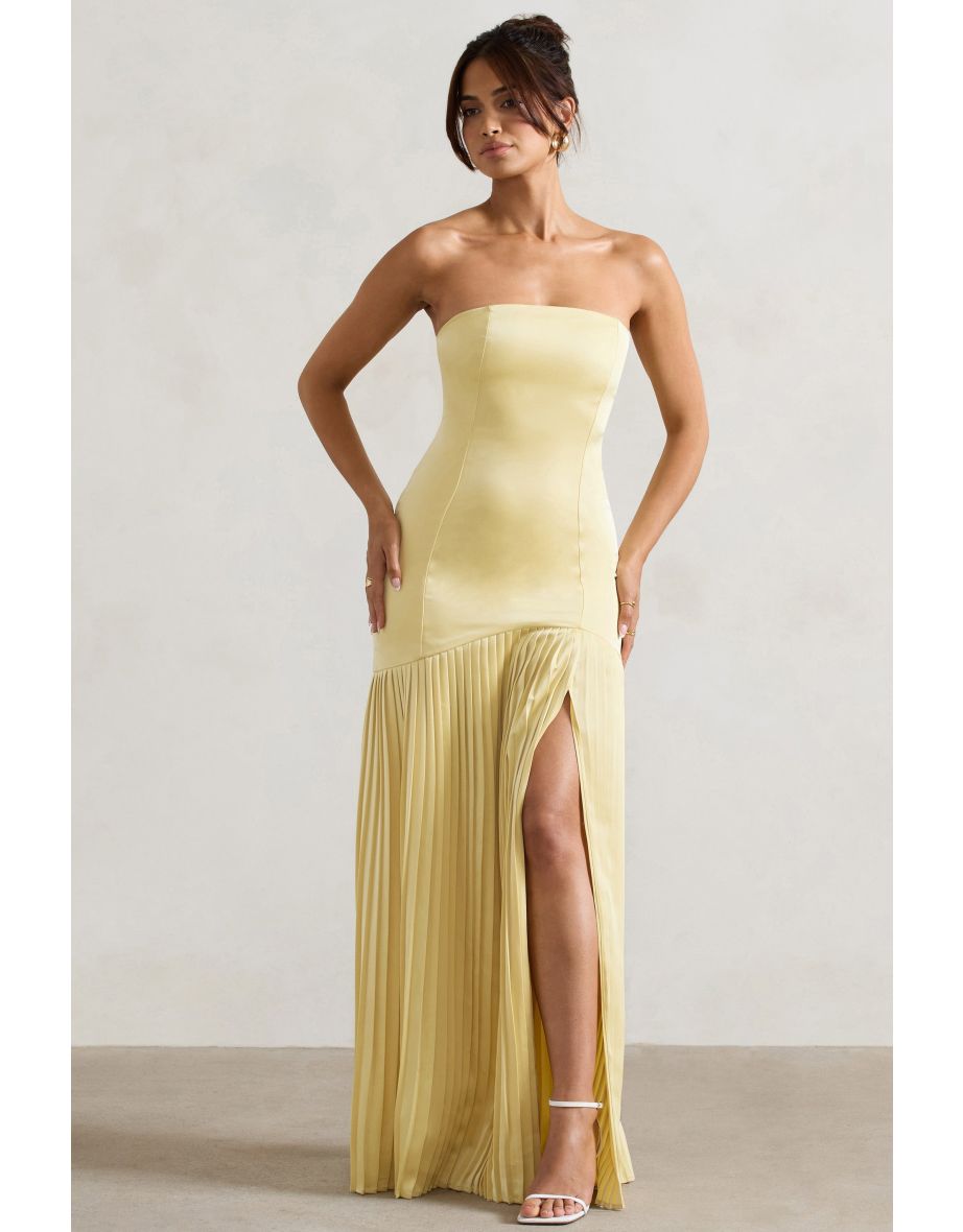 Confidence | Lemon Satin Bandeau Pleated Split Maxi Dress - 4