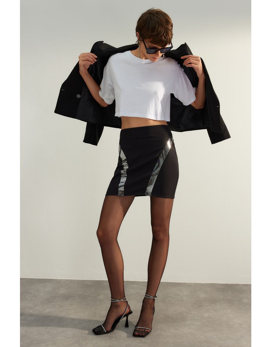 Black Fitted Skirt with Shiny Stones