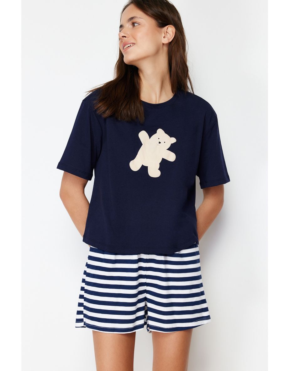 Navy Blue 100% Cotton Teddy Bear Printed Tshirt-Shorts Knitted Pajamas Set