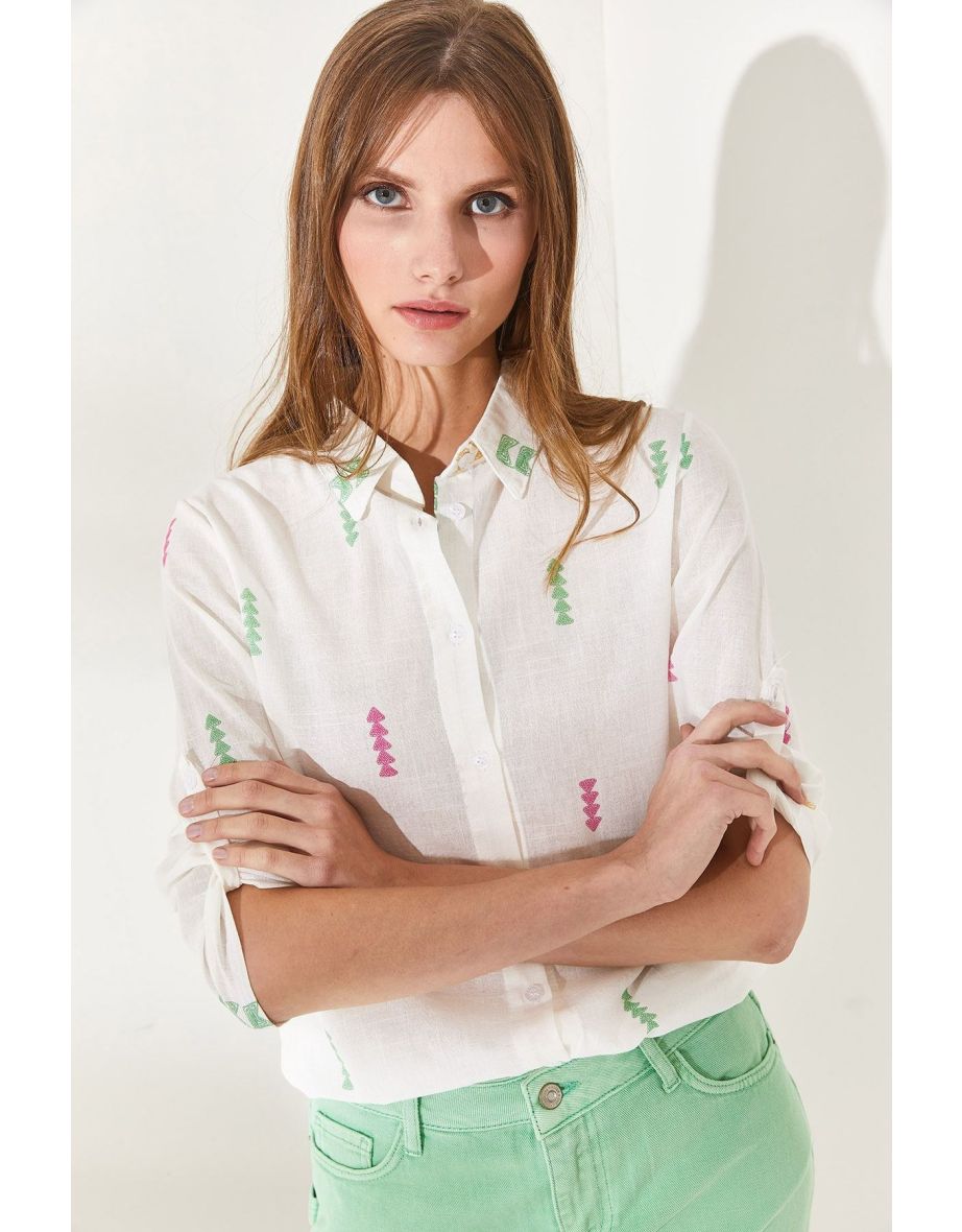 Women's Arrow Green Pink Linen Shirt with Fold Over Sleeves