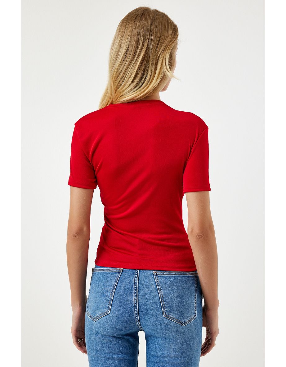 Women's Red Gathered Detailed Viscose Blouse - 4