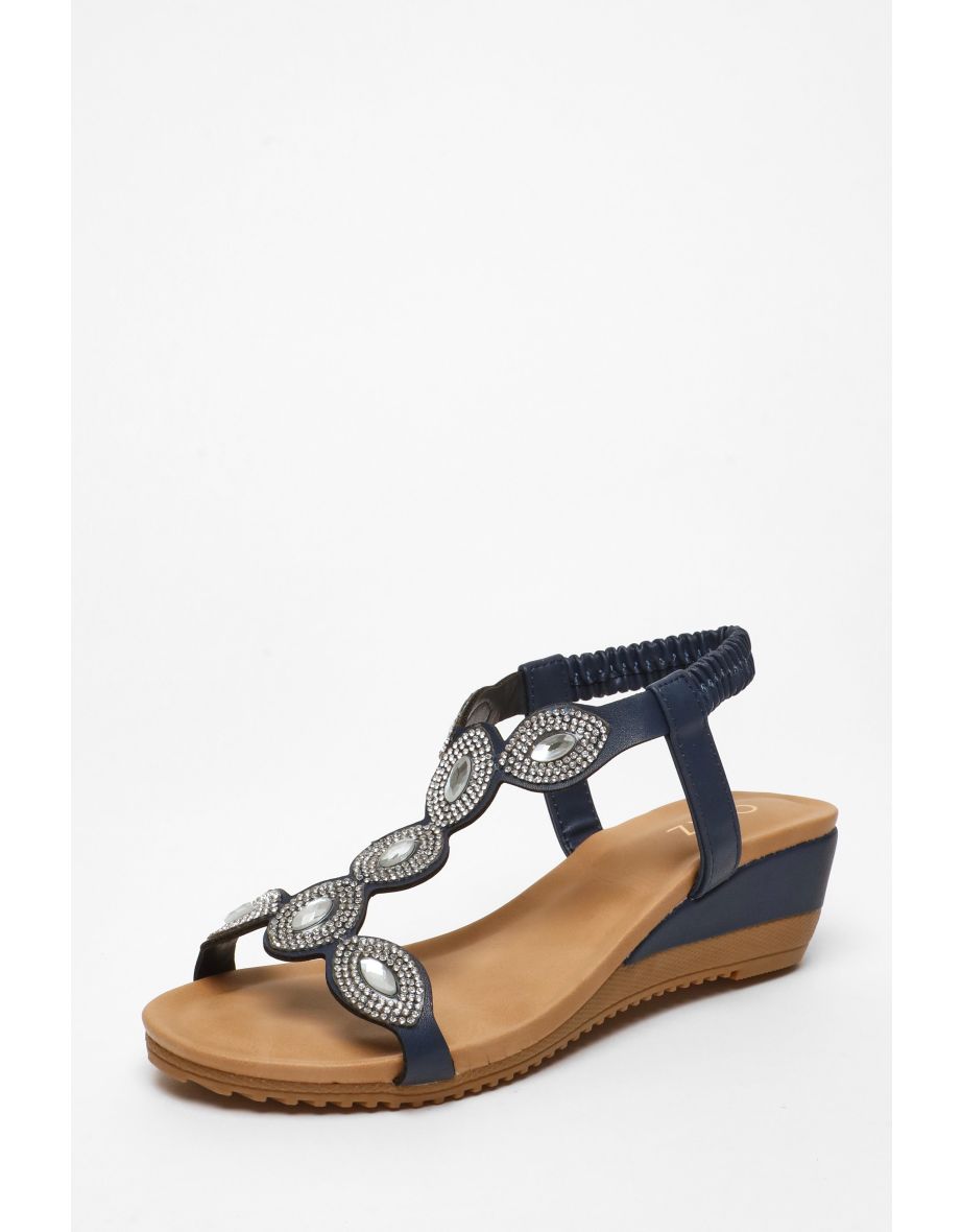 Navy Embellished T-Strap Low Wedges