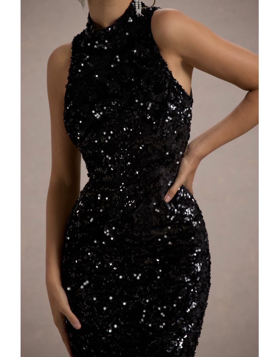 Hypnosis | Black Sequin Sleeveless High-Neck Midi Dress - 6