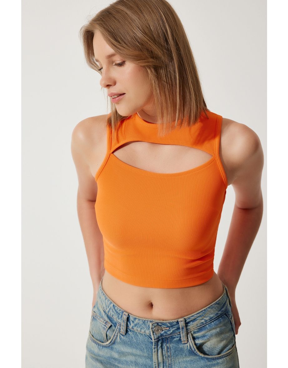 Women's Orange Cut Out Detailed Ribbed Crop Knitted Blouse