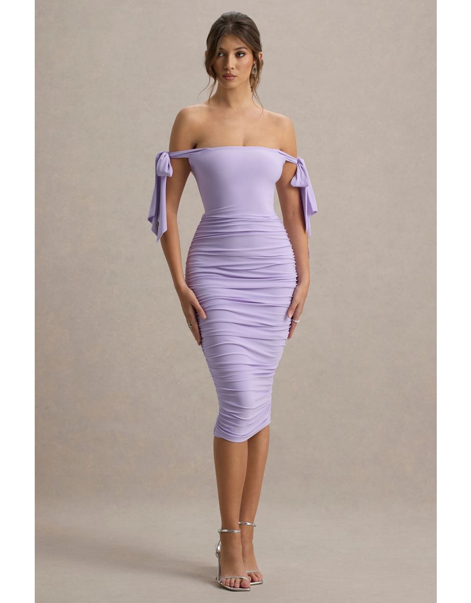 Citrus | Lilac Bardot Bodycon Midi Dress With Bow Sleeves