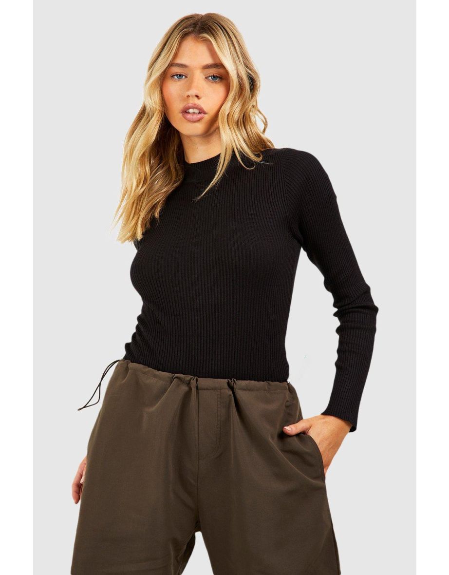 Rib Knit Turtle Neck Top - black